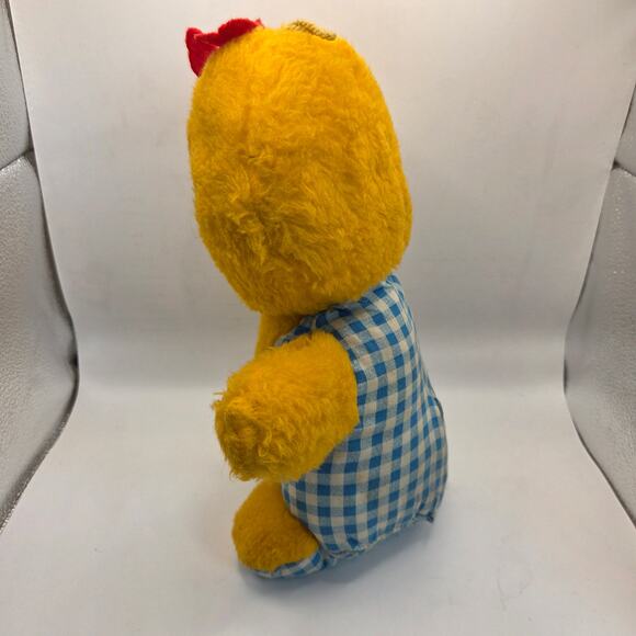 Vintage 1980s Plush Chick Yellow Stuffed Animal in Blue Gingham Romper Haiti - Picture 4 of 13